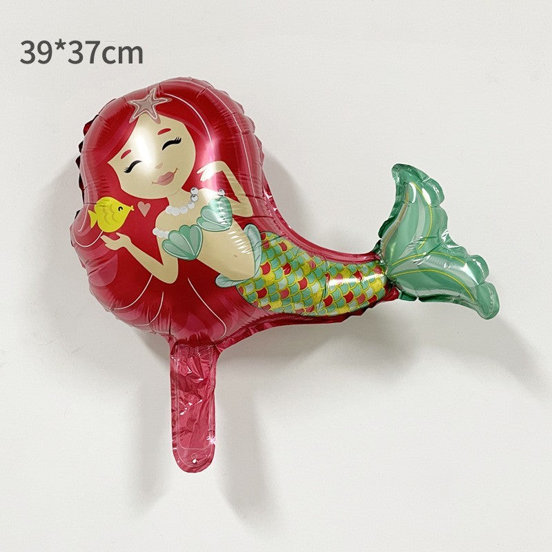 Balon din Folie Metalizata, ANGELBEAR, Mini Figurine, Model Sirena cu Par Rosu, Tematica Aniversare, 39x37 cm, Ambalaj Individual, Pai Inclus, Umflare cu Aer sau Heliu, Multicolor