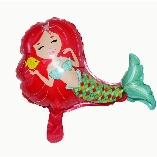 Balon din Folie Metalizata, ANGELBEAR, Mini Figurine, Model Sirena cu Par Rosu, Tematica Aniversare, 39x37 cm, Ambalaj Individual, Pai Inclus, Umflare cu Aer sau Heliu, Multicolor