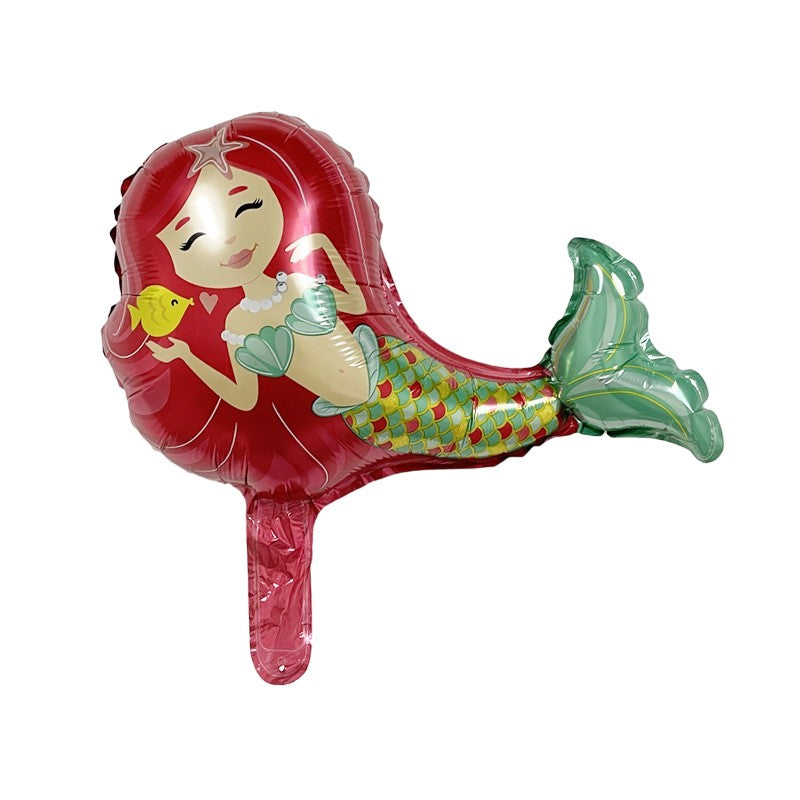 Balon din Folie Metalizata, ANGELBEAR, Mini Figurine, Model Sirena cu Par Rosu, Tematica Aniversare, 39x37 cm, Ambalaj Individual, Pai Inclus, Umflare cu Aer sau Heliu, Multicolor