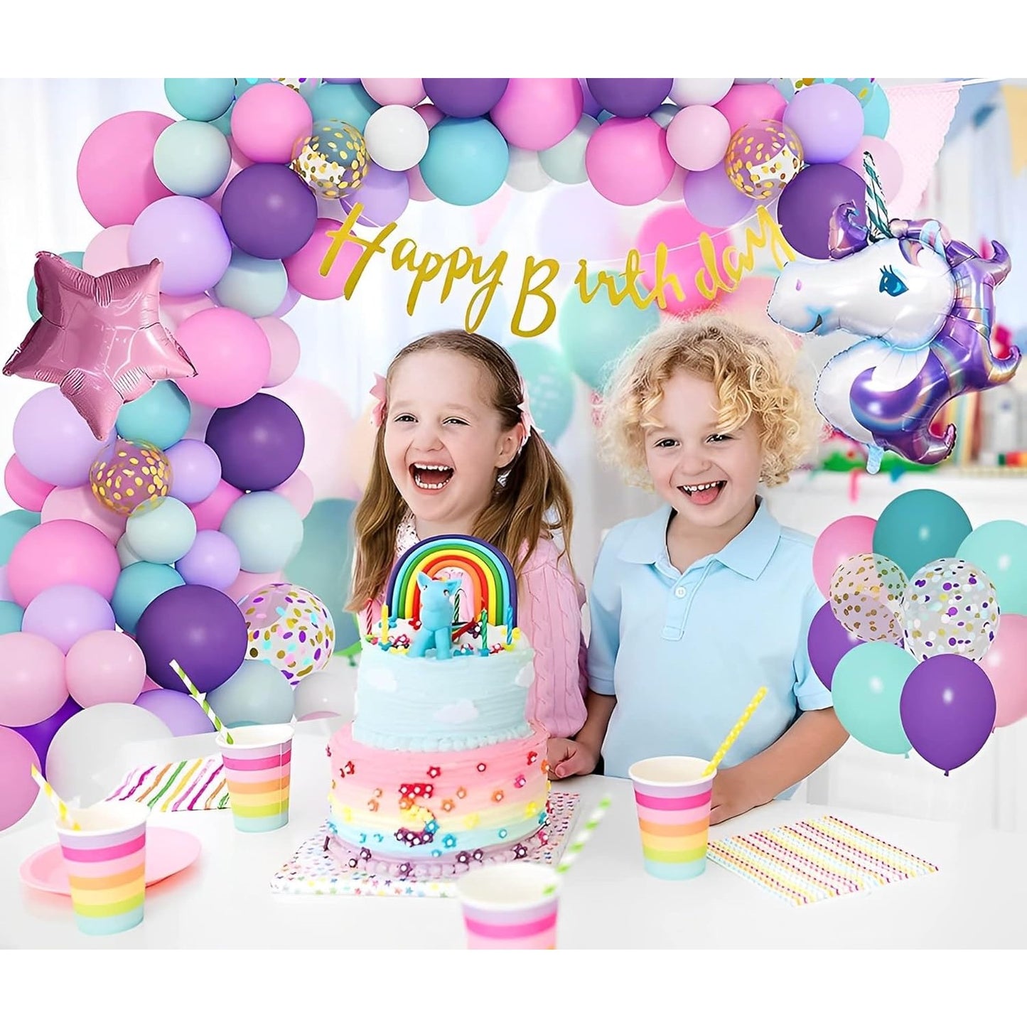 Balon din Folie Metalizata, ANGELBEAR, Mini Figurine, Model Unicorn, Tematica Aniversare, 115x76 cm, Ambalaj Individual, Pai Inclus, Umflare cu Aer sau Heliu, Multicolor