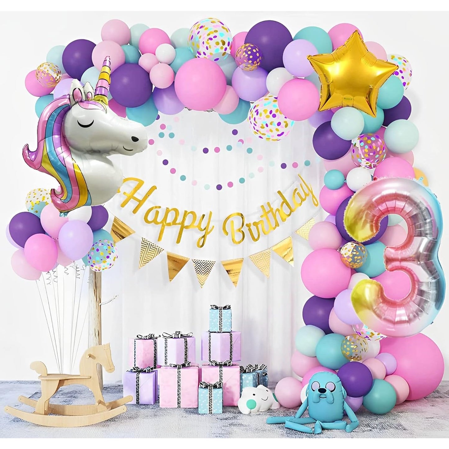 Balon din Folie Metalizata, ANGELBEAR, Mini Figurine, Model Unicorn, Tematica Aniversare, 115x76 cm, Ambalaj Individual, Pai Inclus, Umflare cu Aer sau Heliu, Multicolor
