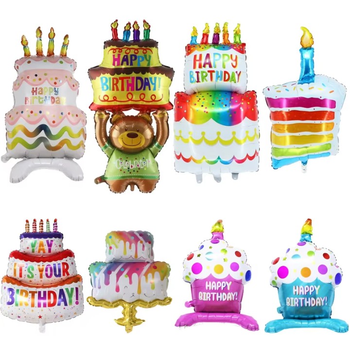 Balon din Folie Metalizata, ANGELBEAR, Model Prajitura cu Lumanare, 84x53 cm, Baloane Party, Ambalaj Individual, Pai Inclus, Umflare cu Aer sau Heliu, Multicolor