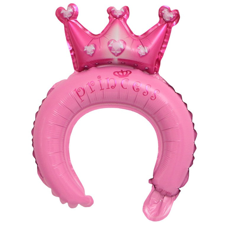 Balon din Folie Metalizata, ANGELBEAR, Tip Coronita cu Urechi, Model Coronita de Printesa, Ambalaj Individual, Pai Inclus, Umflare cu Aer sau Heliu, 30 x 27 cm, Roz