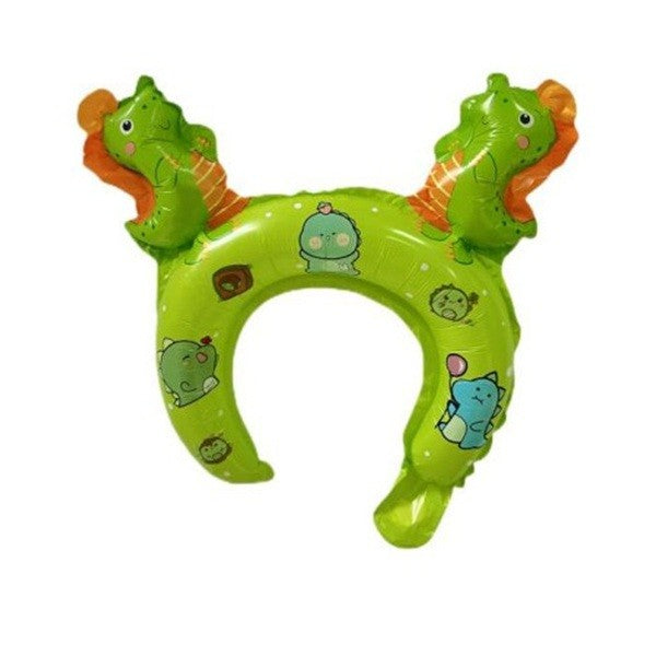 Balon din Folie Metalizata, ANGELBEAR, Tip Coronita cu Urechi, Model Dinozauri, Ambalaj Individual, Pai Inclus, Umflare cu Aer sau Heliu, 29 x 26.5 cm, Verde
