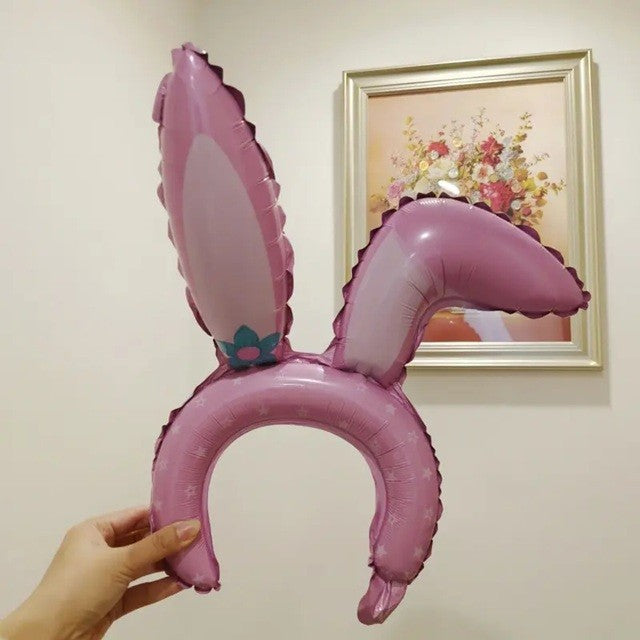 Balon din Folie Metalizata, ANGELBEAR, Tip Coronita cu Urechi, Model Iepure, Ambalaj Individual, Pai Inclus, Umflare cu Aer sau Heliu, 38 x 45 cm, Roz