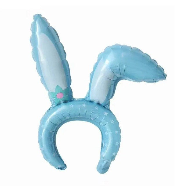 Balon din Folie Metalizata, ANGELBEAR, Tip Coronita cu Urechi, Model Iepure, Ambalaj Individual, Pai Inclus, Umflare cu Aer sau Heliu, 38 x 45 cm, Albastru