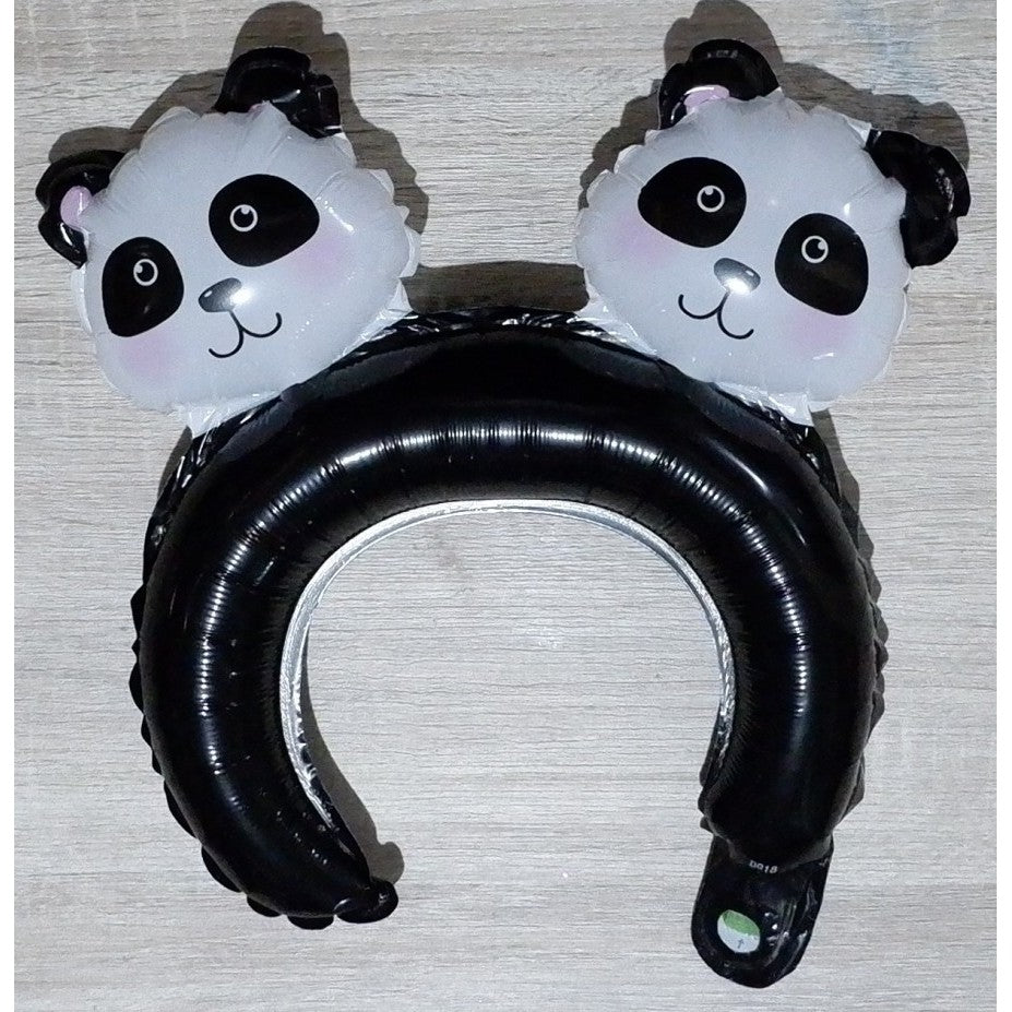Balon din Folie Metalizata, ANGELBEAR, Tip Coronita cu Urechi, Model Panda, Ambalaj Individual, Pai Inclus, Umflare cu Aer sau Heliu, 30 x 27 cm, Albastru