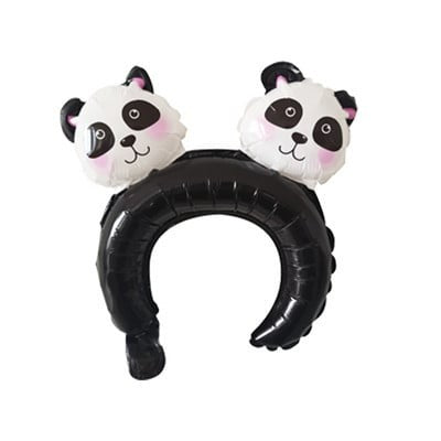 Balon din Folie Metalizata, ANGELBEAR, Tip Coronita cu Urechi, Model Panda, Ambalaj Individual, Pai Inclus, Umflare cu Aer sau Heliu, 30 x 27 cm, Albastru