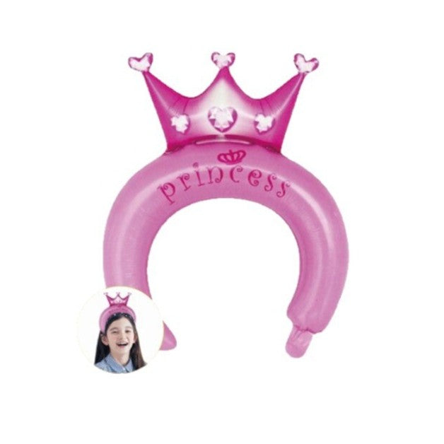 Balon din Folie Metalizata, ANGELBEAR, Tip Coronita cu Urechi, Model Coronita de Printesa, Ambalaj Individual, Pai Inclus, Umflare cu Aer sau Heliu, 30 x 27 cm, Roz