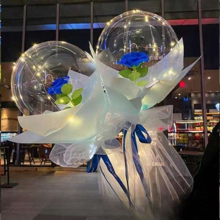 Trandafir in Balon LED cu Lumini, ANGELBEAR, Tip Buchet, Diametru 35 cm, Albastru