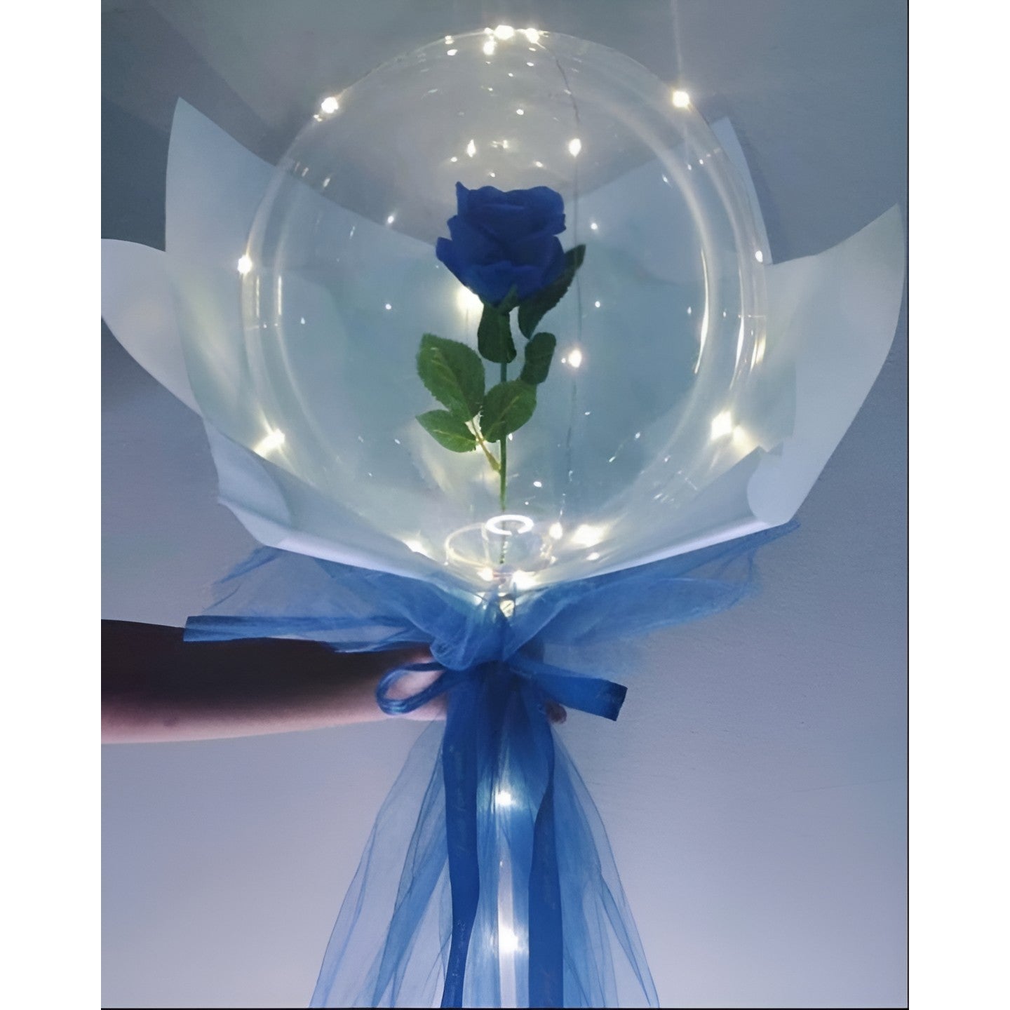 Trandafir in Balon LED cu Lumini, ANGELBEAR, Tip Buchet, Diametru 35 cm, Albastru