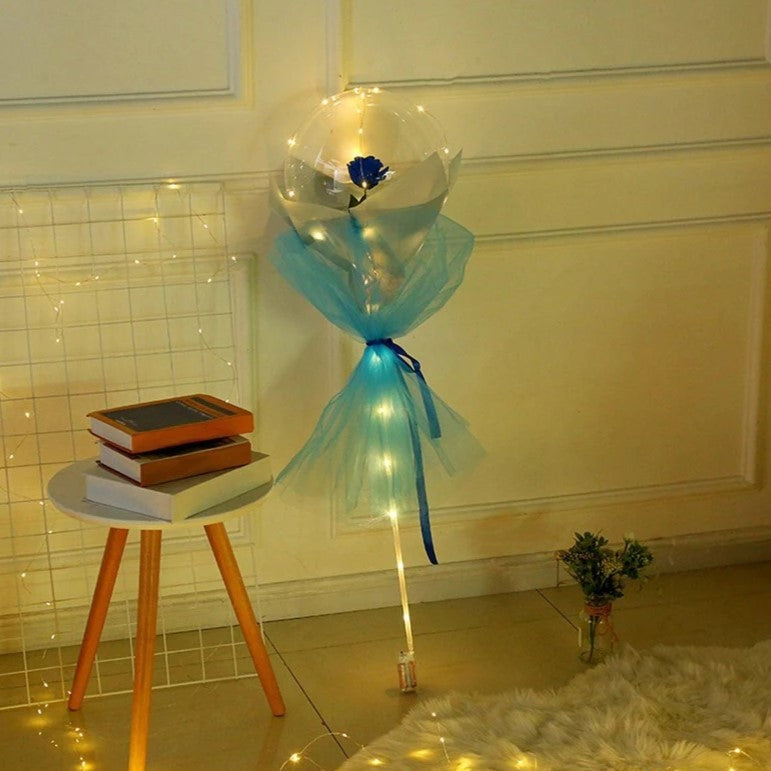 Trandafir in Balon LED cu Lumini, ANGELBEAR, Tip Buchet, Diametru 35 cm, Albastru