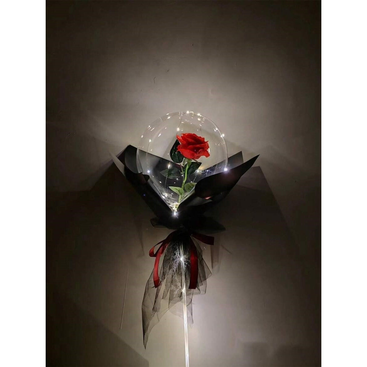 Trandafir in Balon LED cu Lumini, ANGELBEAR, Tip Buchet, Diametru 35 cm, Rosu