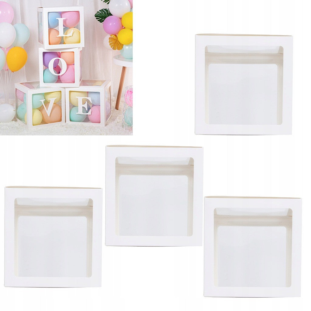 Set 4 Cutii pentru Baloane, ANGELBEAR, Model Simplu, Tematica Aniversare, Cuburi Decorative din Plastic, Accesorii pentru Petrecere, 30 x30 cm, Transparente Contur Alb