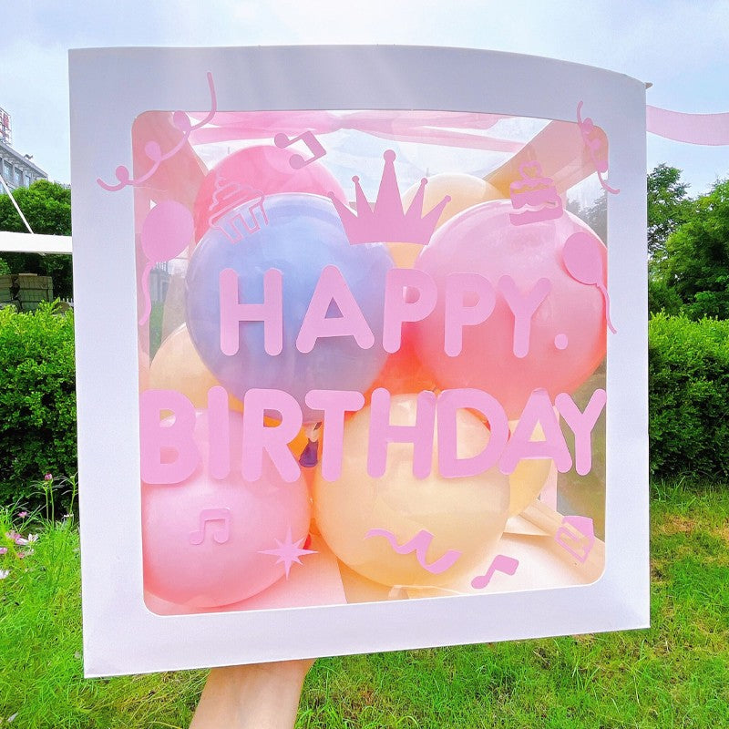Cutie pentru Baloane, ANGELBEAR, Tematica Aniversare, Model Scris Happy Birthday, Baloane Albastre, Roz, Galbene si Panglica Incluse, Contur Alb, Transparenta, 30x30 cm