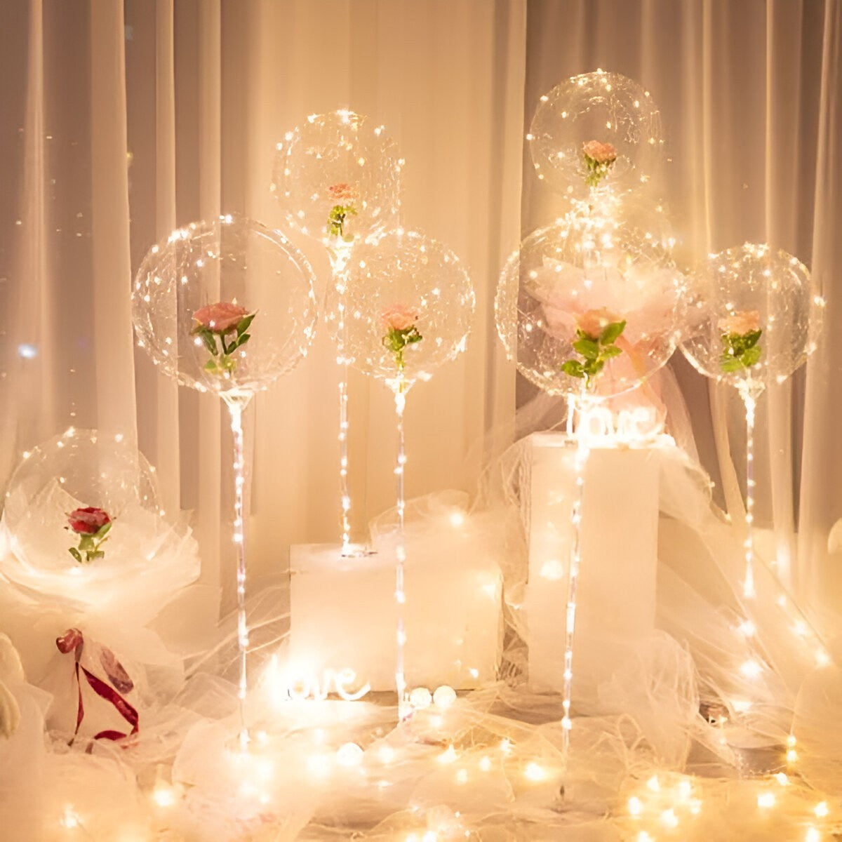Trandafir in Balon LED cu Lumini, ANGELBEAR, Tip Buchet, Diametru 35 cm, Roz