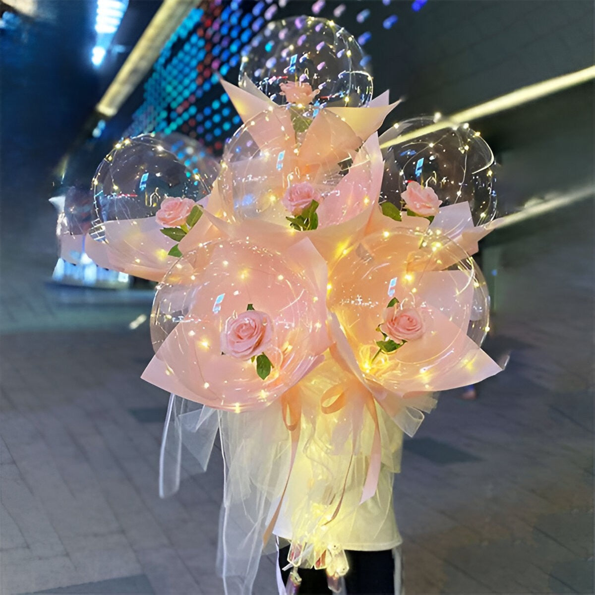 Trandafir in Balon LED cu Lumini, ANGELBEAR, Tip Buchet, Diametru 35 cm, Roz