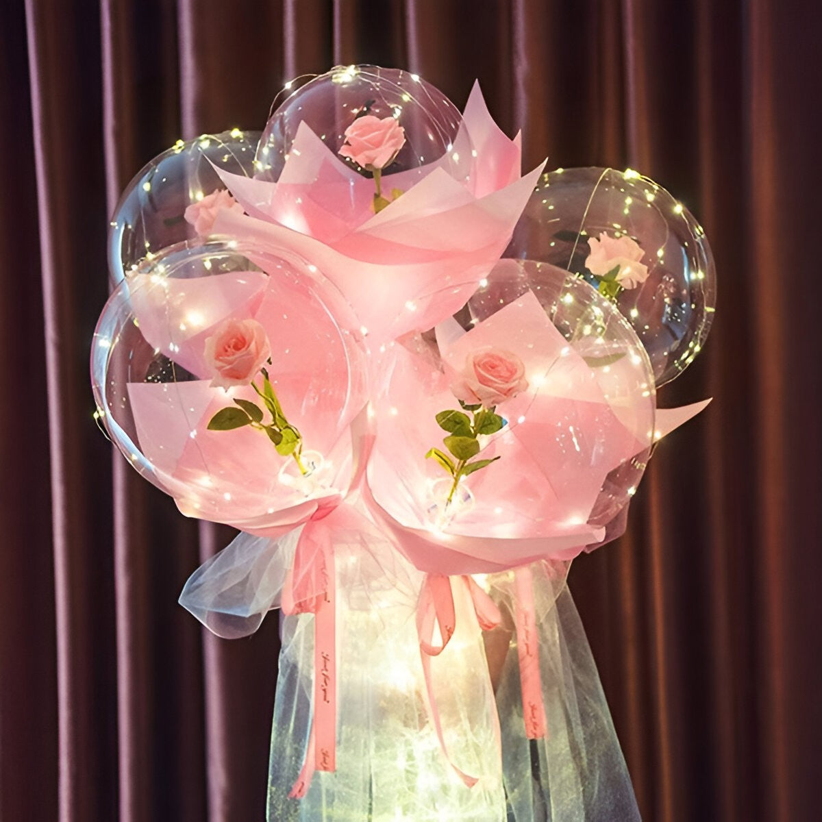 Trandafir in Balon LED cu Lumini, ANGELBEAR, Tip Buchet, Diametru 35 cm, Roz