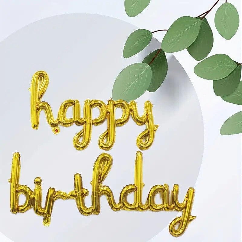 Set 10 Baloane din Folie Metalizata, ANGELBEAR, Figurine Litere, Model Scris de Mana Happy Birthday, Tema Aniversare, 40 cm, Ambalaj Individual, Pai Inclus, Umflare cu Aer sau Heliu, Auriu