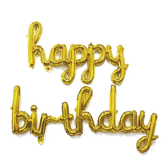 Set 10 Baloane din Folie Metalizata, ANGELBEAR, Figurine Litere, Model Scris de Mana Happy Birthday, Tema Aniversare, 40 cm, Ambalaj Individual, Pai Inclus, Umflare cu Aer sau Heliu, Auriu