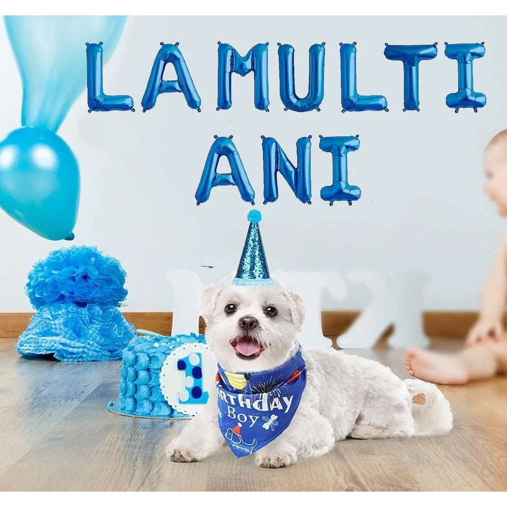 Set 10 Baloane din Folie Metalizata, ANGELBEAR, Figurine Litere, Model La multi ani, Tema Aniversare, 40 cm, Ambalaj Individual, Pai Inclus, Umflare cu Aer sau Heliu, Albastru