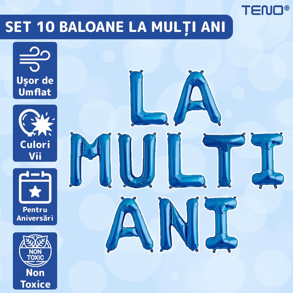 Set 10 Baloane din Folie Metalizata, ANGELBEAR, Figurine Litere, Model La multi ani, Tema Aniversare, 40 cm, Ambalaj Individual, Pai Inclus, Umflare cu Aer sau Heliu, Albastru