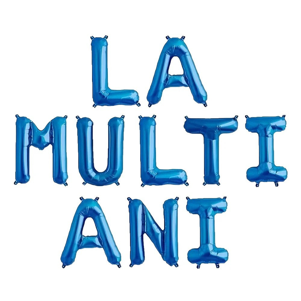 Set 10 Baloane din Folie Metalizata, ANGELBEAR, Figurine Litere, Model La multi ani, Tema Aniversare, 40 cm, Ambalaj Individual, Pai Inclus, Umflare cu Aer sau Heliu, Albastru