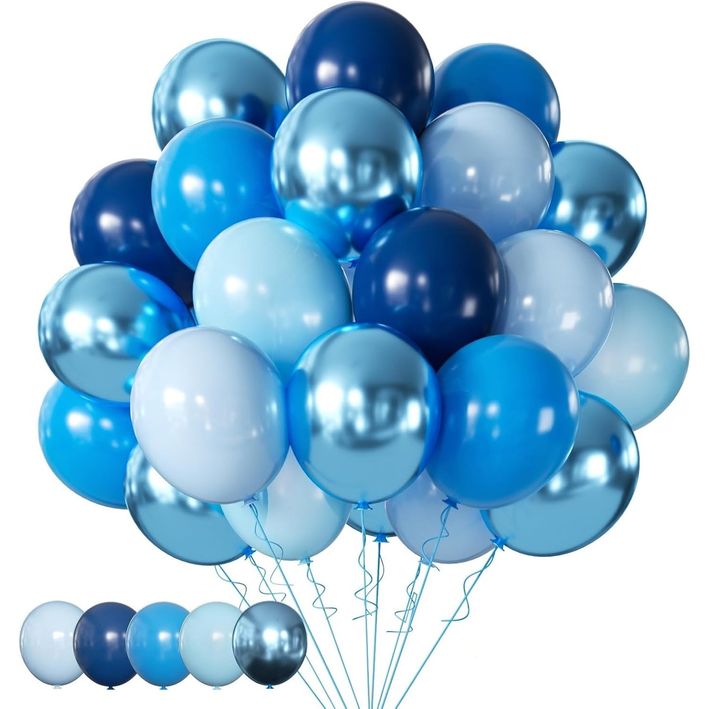 Set 10 Baloane din Latex Chrome, ANGELBEAR, Model Party, 23 cm, Diferite Nuante Albastru, 2.2 g