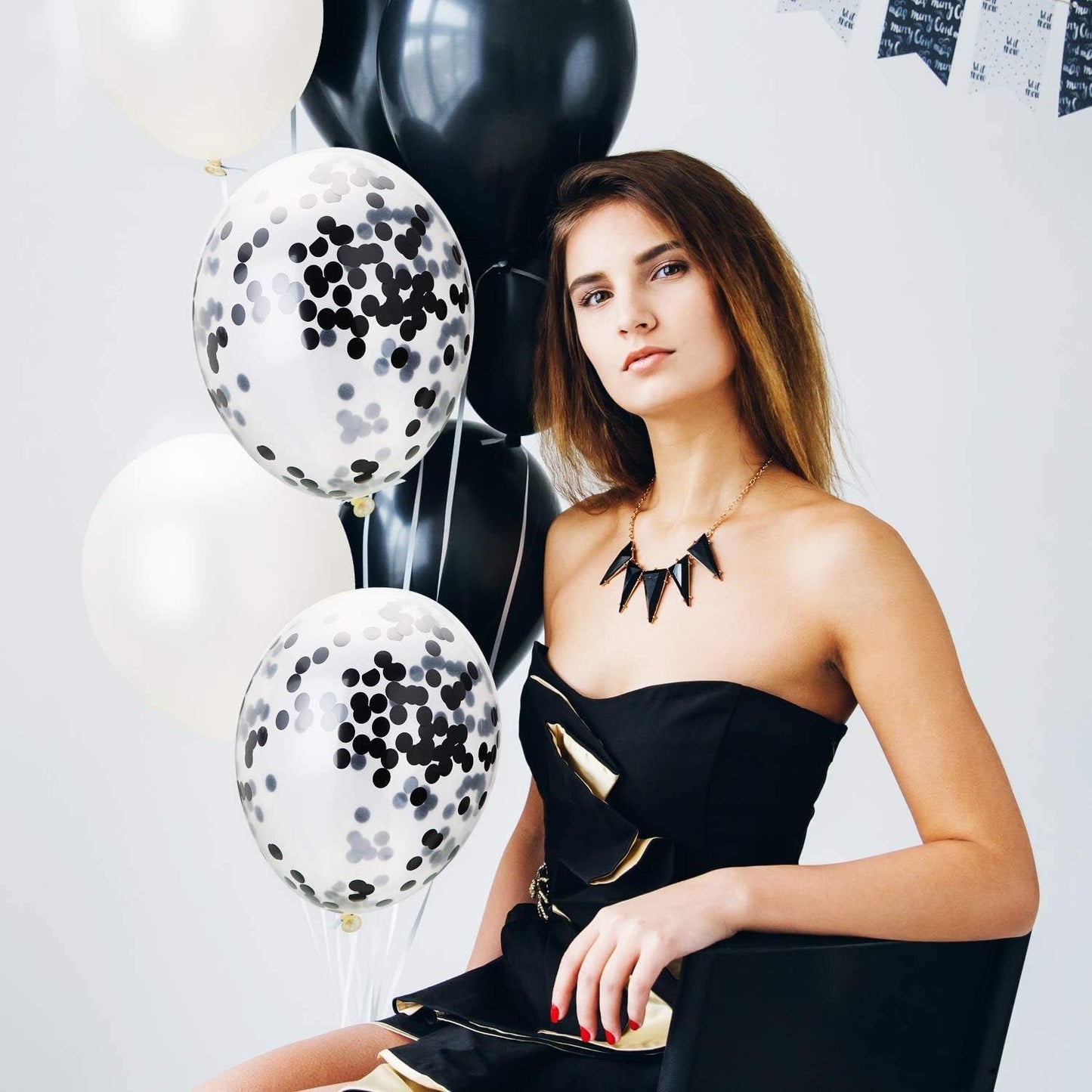 Set 10 Baloane din Latex, ANGELBEAR, Model Party Confetti, 5 x Confetti, 5 x Negru, 25 cm, 2.2g