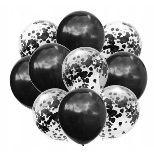 Set 10 Baloane din Latex, ANGELBEAR, Model Party Confetti, 5 x Confetti, 5 x Negru, 25 cm, 2.2g