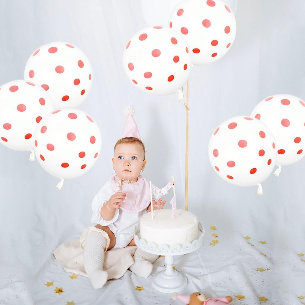 Set 10 Baloane din Latex, ANGELBEAR, Model Party cu Buline, 30 cm, Alb si Rosu, 2.8 g
