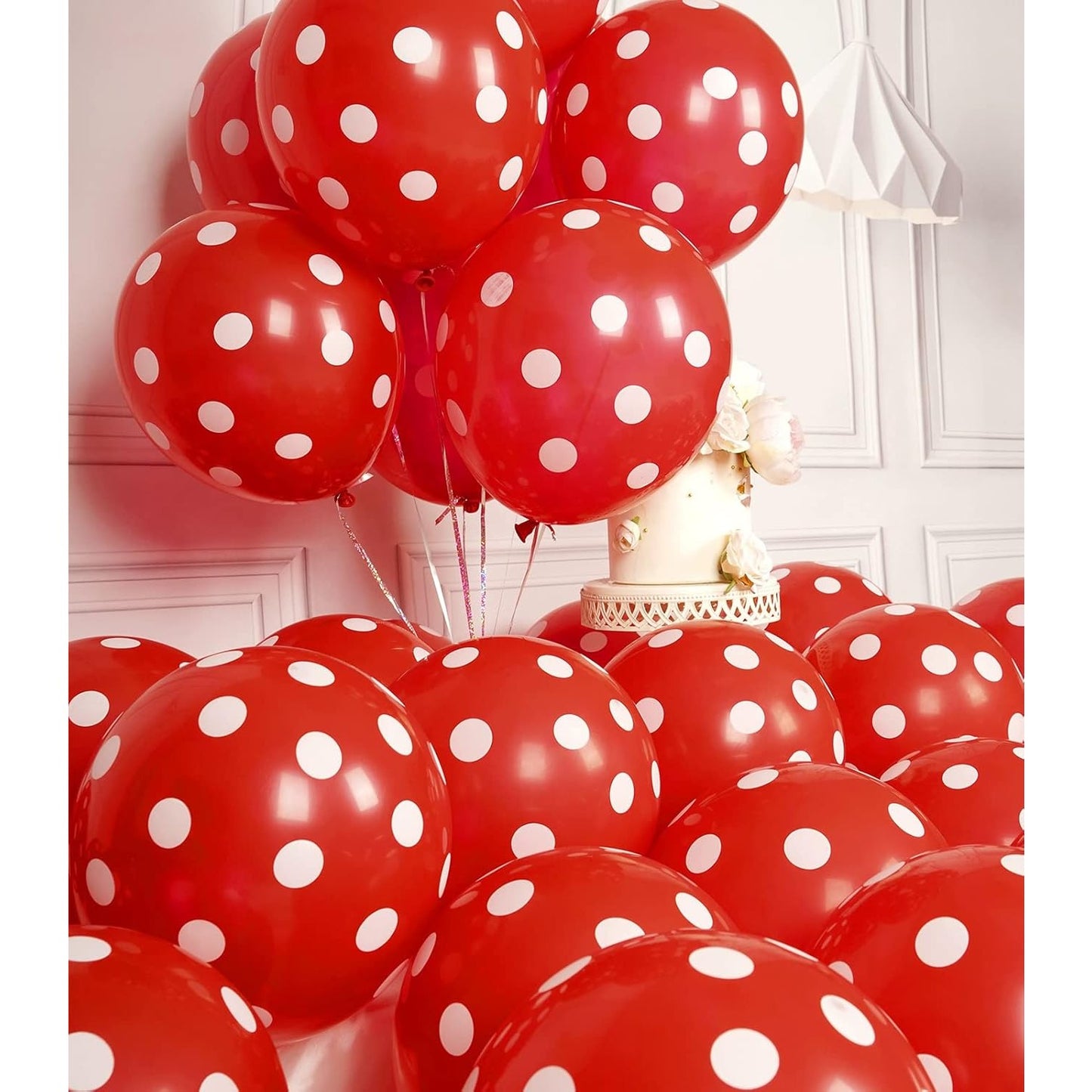 Set 10 Baloane din Latex, ANGELBEAR, Model Party cu Buline, 30 cm, Alb si Rosu, 2.8 g