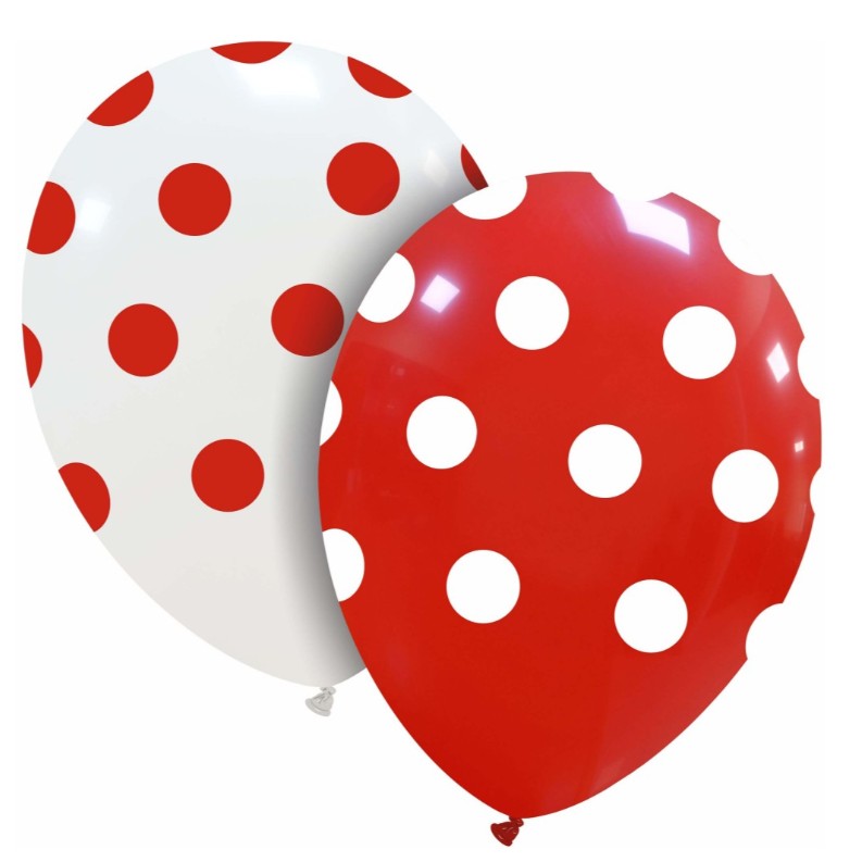 Set 10 Baloane din Latex, ANGELBEAR, Model Party cu Buline, 30 cm, Alb si Rosu, 2.8 g