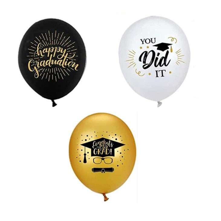 Set 10 Baloane din Latex Metalizate, ANGELBEAR, Model Absolvire, Negru Auriu Alb, 23 cm, 1.4 g