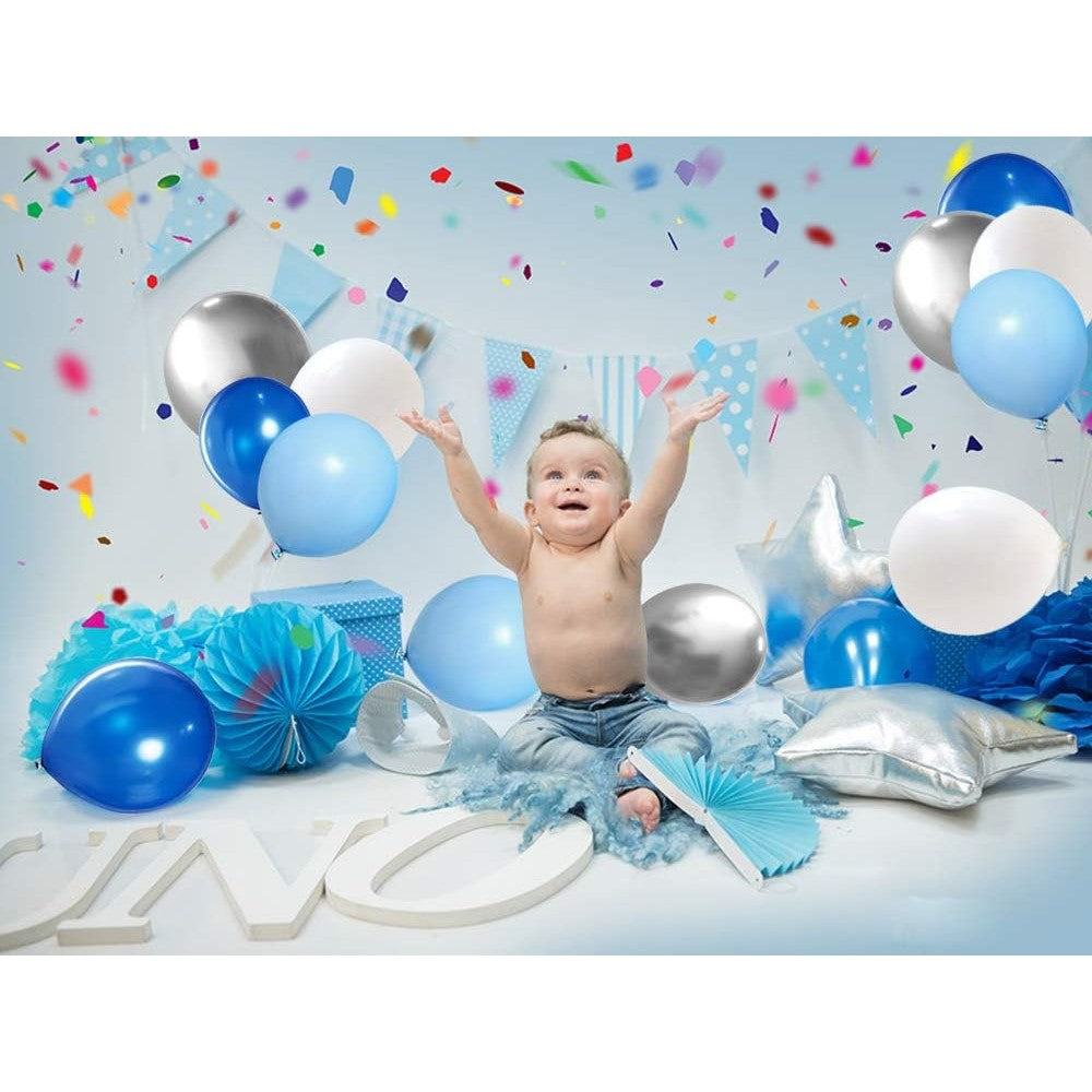 Set 10 Baloane din Latex Metalizate, ANGELBEAR, Model Party, Alb, Albastru, Blue, 23 cm, 2.2 g