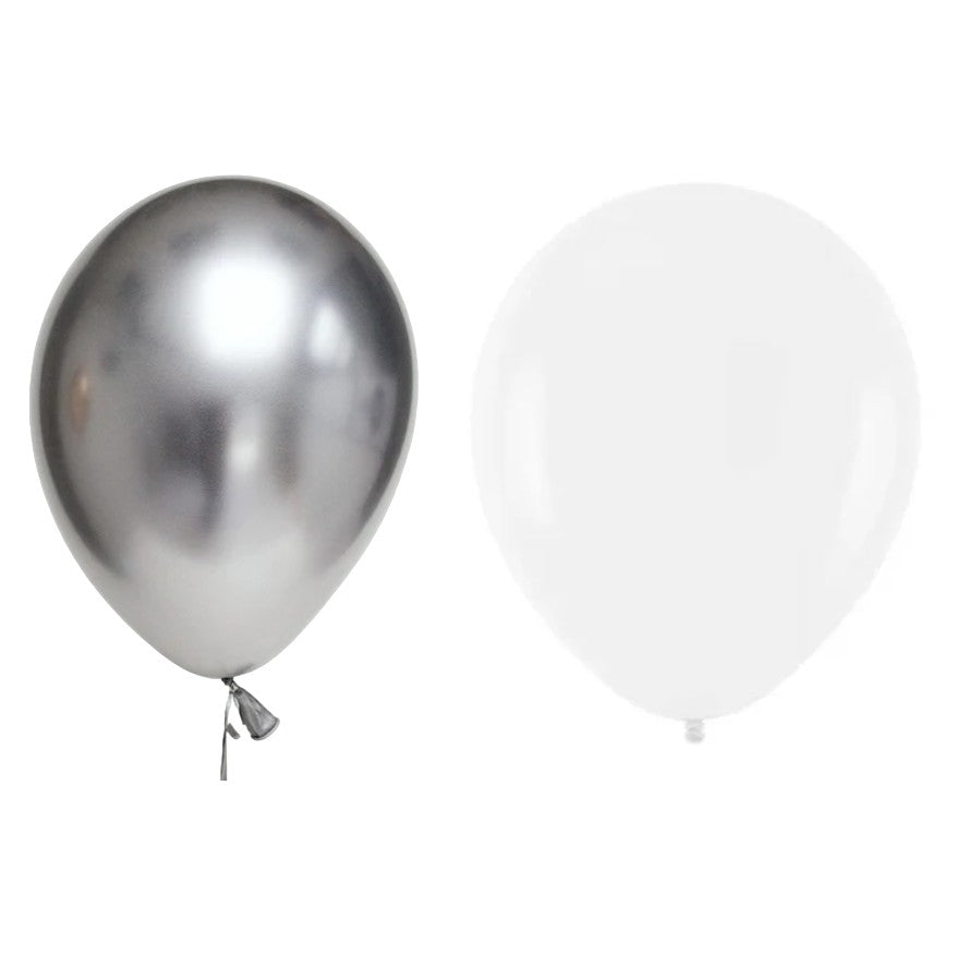 Set 10 Baloane din Latex Metalizate, ANGELBEAR, Model Party, Alb, Argintiu, 23 cm, 2.2 g