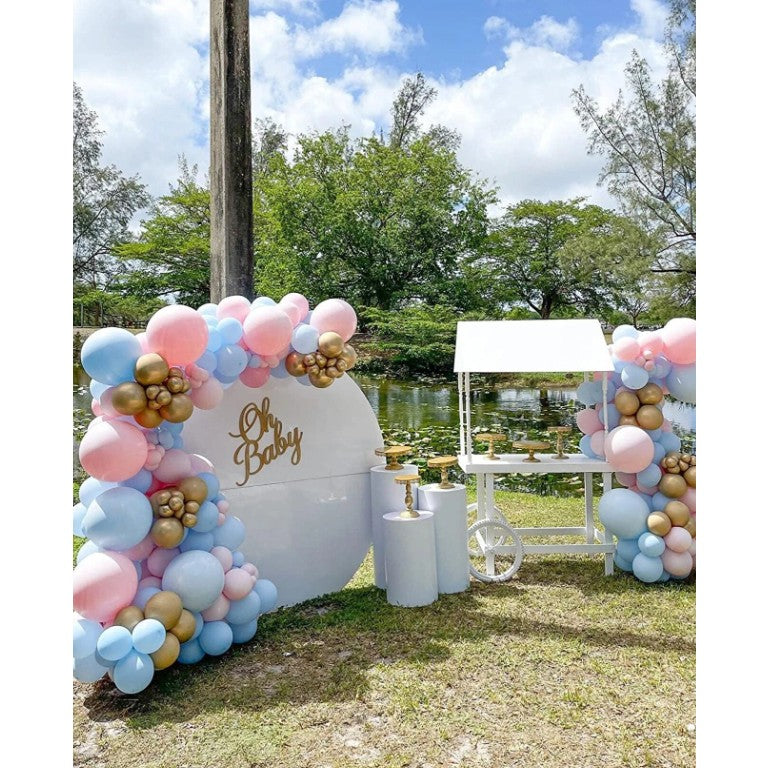 Baloane decorative pentru BABY SHOWER, ANGELBEAR, Arcada Set 106 baloane din latex, Model Petrecere, Baloane Party, 12 cm, 30 cm, 45 cm, Roz, Albastru, Gold