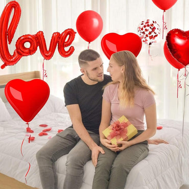 Set 13 Baloane din Folie Metalizata si din Latex, ANGELBEAR, Figurine Litere si Inima, Model Love, Tema Ziua Indragostitilor, Baloane Party cu Confetti, 102x65cm, 45 cm, 30 cm, Pai Inclus, Umflare cu Aer sau Heliu, Rosu