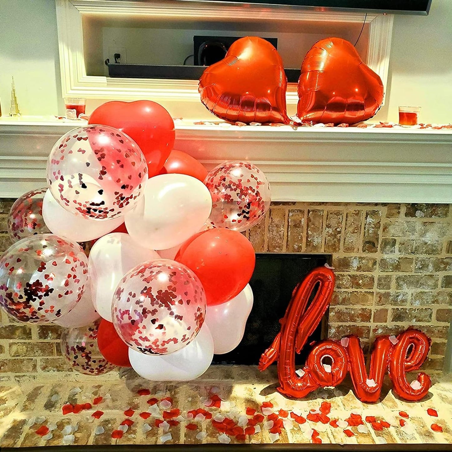 Set 13 Baloane din Folie Metalizata si din Latex, ANGELBEAR, Figurine Litere si Inima, Model Love, Tema Ziua Indragostitilor, Baloane Party cu Confetti, 102x65cm, 45 cm, 30 cm, Pai Inclus, Umflare cu Aer sau Heliu, Rosu