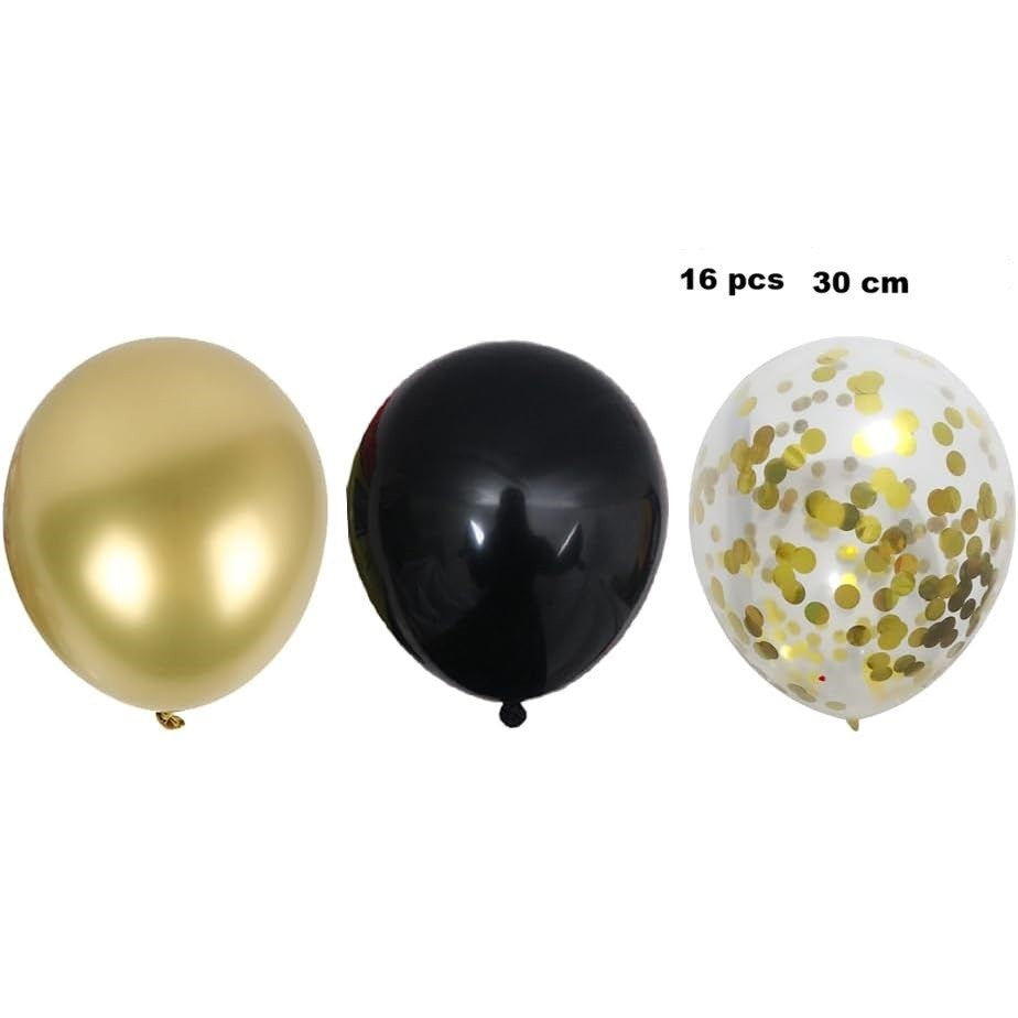Set 16 Baloane din Latex, ANGELBEAR, Model Party, 30 cm, Auriu, Negru, Confetti, 2.8 g