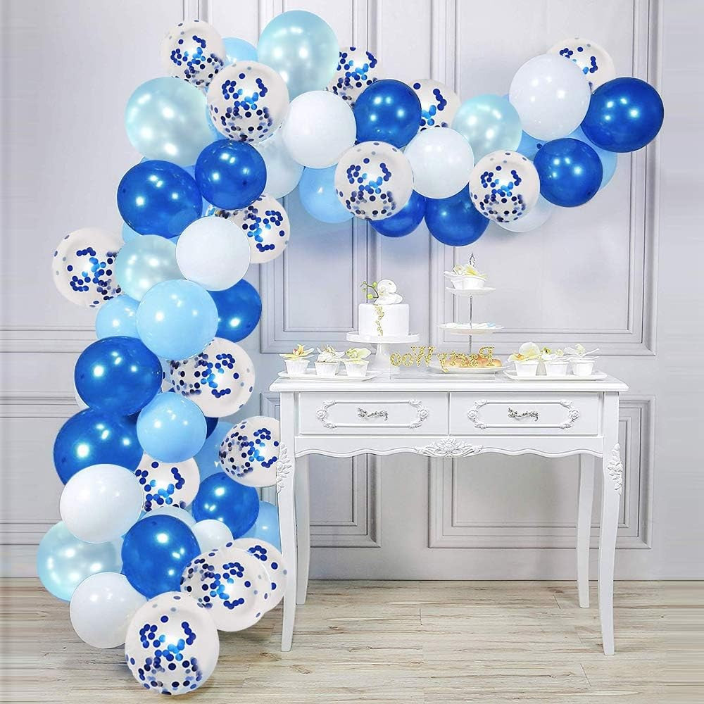 Set 16 Baloane din Latex Metalizate, ANGELBEAR, Model Party, 30 cm, Alb, Albastru, Albastru Chrome, Transparent Confetti 2.8 g