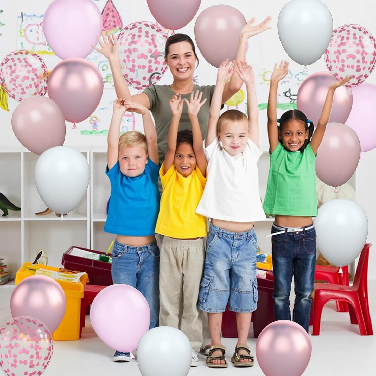 Set 16 Baloane din Latex Metalizate, ANGELBEAR, Model Party, 30 cm, Alb, Roz, Roz Chrome, Transparent Confetti 2.8 g