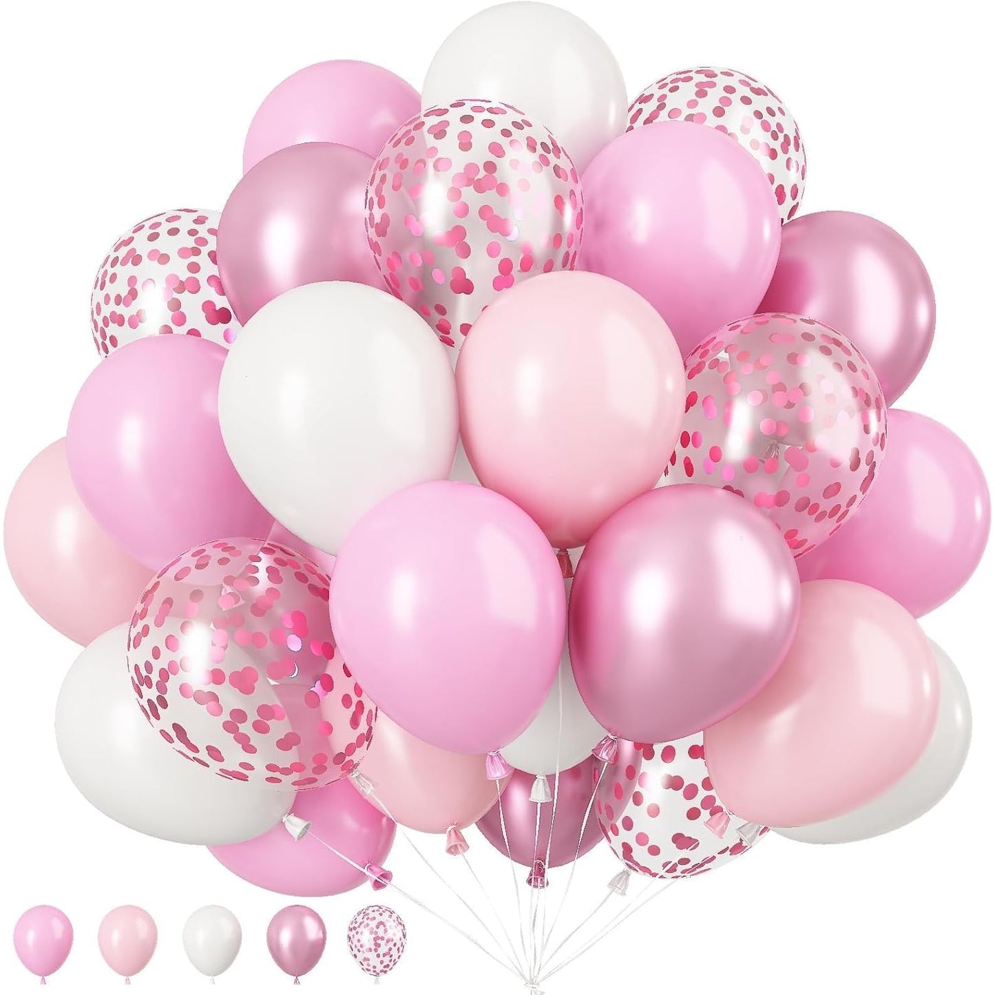 Set 16 Baloane din Latex Metalizate, ANGELBEAR, Model Party, 30 cm, Alb, Roz, Roz Chrome, Transparent Confetti 2.8 g