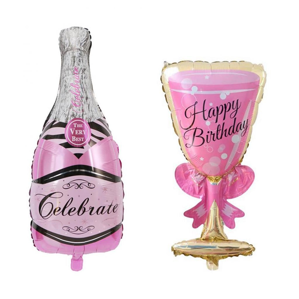 Set 2 Baloane din Folie Metalizata, ANGELBEAR, tematica Aniversare HAPPY BIRTHDAY, Figurine Model Sticla de Sampanie 50 x 108 cm si Pahar 48 x 93 cm, Roz