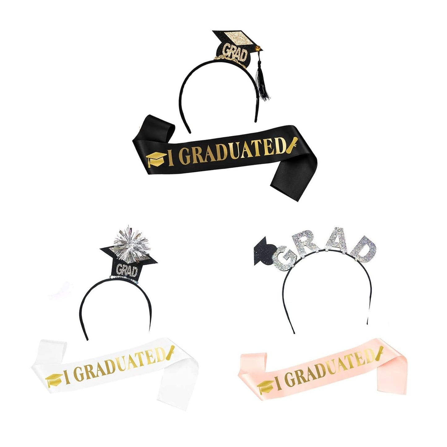 Set din 2 Piese pentru Absolvire, ANGELBEAR, Panglica si Coronita, Model I Graduated, Negru