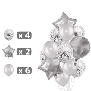 Set 25 de Baloane din Folie Metalizata si Latex, ANGELBEAR, Figurine 2 Stele, 4 Baloane Confetti, 13 Litere, 6 Latex, Model Happy Birthday, Tema Aniversare, 40 cm, Ambalaj Individual, Pai Inclus, Umflare cu Aer sau Heliu, Argintiu