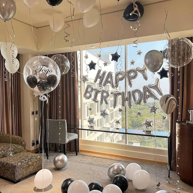 Set 25 de Baloane din Folie Metalizata si Latex, ANGELBEAR, Figurine 2 Stele, 4 Baloane Confetti, 13 Litere, 6 Latex, Model Happy Birthday, Tema Aniversare, 40 cm, Ambalaj Individual, Pai Inclus, Umflare cu Aer sau Heliu, Argintiu