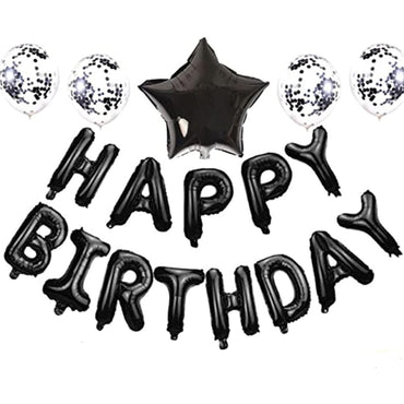 Set 25 de Baloane din Folie Metalizata si Latex, ANGELBEAR, Figurine 2 Stele, 4 Baloane Confetti, 13 Litere, 6 Latex, Model Happy Birthday, Tema Aniversare, 40 cm, Ambalaj Individual, Pai Inclus, Umflare cu Aer sau Heliu, Negru