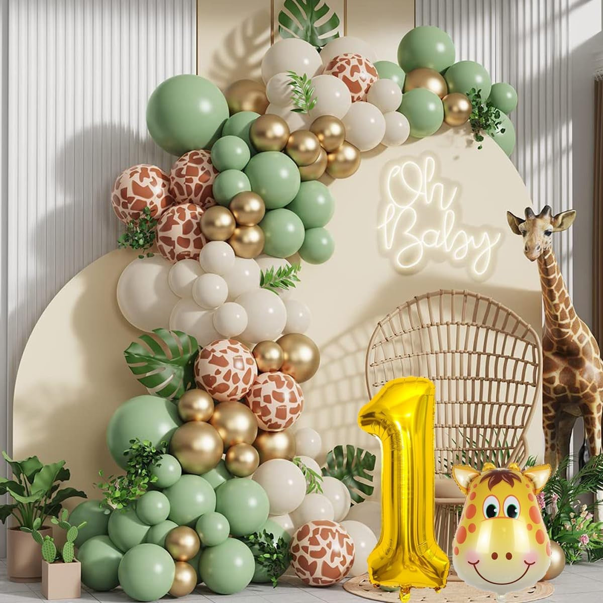 Set 30 Baloane Folie si Latex, ANGELBEAR, Tematica Prima Aniversare, Baloane Latex 30cm, 25cm, Figurina Girafa 32x34 cm, Frunza Palmier 15 cm, Cifra 1 76 cm, Multicolor