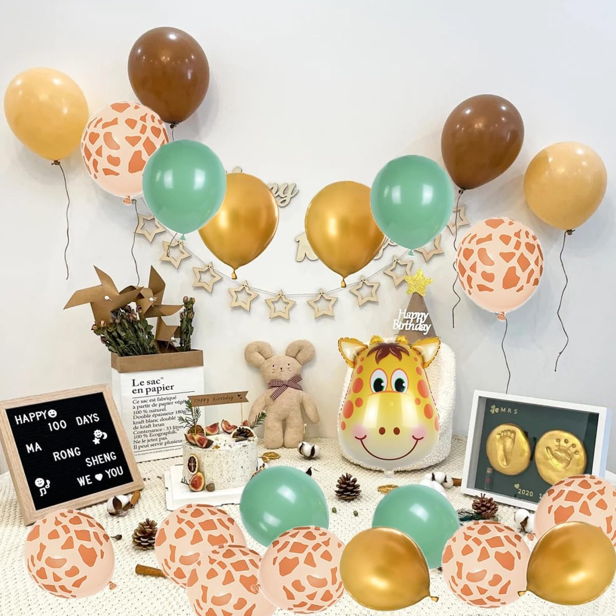 Set 30 Baloane Folie si Latex, ANGELBEAR, Tematica Prima Aniversare, Baloane Latex 30cm, 25cm, Figurina Girafa 32x34 cm, Frunza Palmier 15 cm, Cifra 1 76 cm, Multicolor
